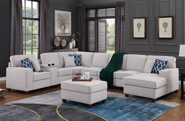 English Elm Eric Light Gray 9-Piece Upholstered Sectional with Ottoman, Linen, USB Cupholder Console, Removable Cushions B102P410607