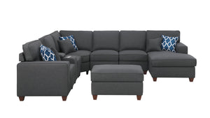 English Elm Tina Linen Upholstered 8-Piece Sectional with Ottoman, USB Cupholder Console, Removable Cushions Dark Gray B102S00022