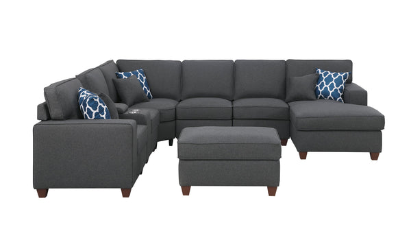 English Elm Tina Linen Upholstered 8-Piece Sectional with Ottoman, USB Cupholder Console, Removable Cushions Dark Gray B102S00022