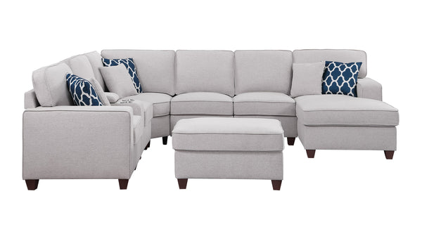 English Elm Tina Linen Upholstered 8-Piece Sectional with Ottoman, USB Cupholder Console, Removable Cushions Light Gray B102S00023