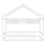 English Elm Wooden Twin Size House Bed With Storage Shelf,Kids Bed With Fence and Roof, White