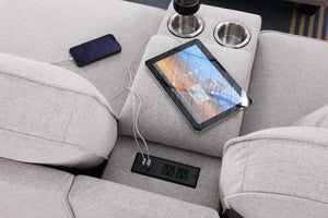 English Elm Tina Linen Upholstered 8-Piece Sectional with Ottoman, USB Cupholder Console, Removable Cushions Light Gray B102S00023