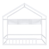 English Elm Wooden Full Size House Bed With Storage Shelf,Kids Bed With Fence and Roof, White