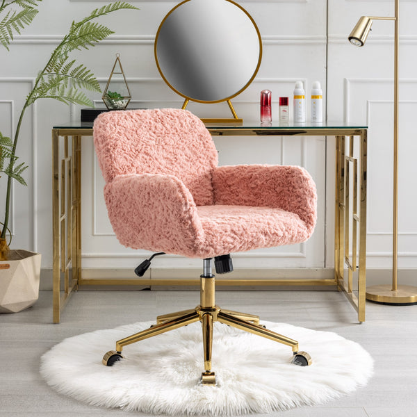 English Elm A&A Plush Rabbit Hair Office Chair with Golden Metal Base, Oversized Seat, Reclining Swivel Comfort Pink W1143125532