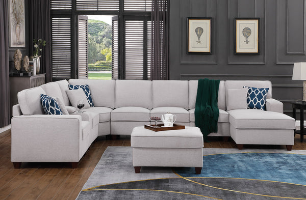English Elm Eric Upholstered 9-Piece Sectional with Ottoman, Linen Fabric, USB Cupholder Console & Removable Cushions Light Gray B102S00025