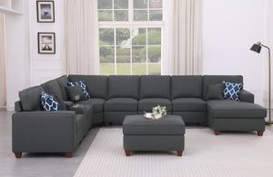 English Elm Eric Upholstered 9-Piece Sectional with Ottoman, Linen Fabric, USB Cupholder Console & Removable Cushions Dark Gray B102S00024