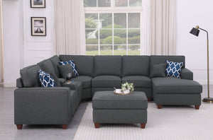 English Elm Tina Linen Upholstered 8-Piece Sectional with Ottoman, USB Cupholder Console, Removable Cushions Dark Gray B102S00022