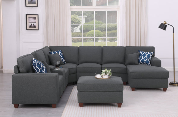 English Elm Tina Linen Upholstered 8-Piece Sectional with Ottoman, USB Cupholder Console, Removable Cushions Dark Gray B102S00022