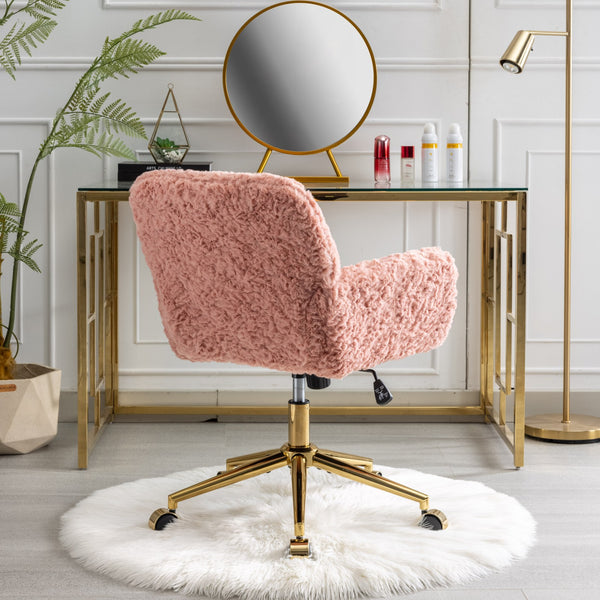 English Elm A&A Plush Rabbit Hair Office Chair with Golden Metal Base, Oversized Seat, Reclining Swivel Comfort Pink W1143125532