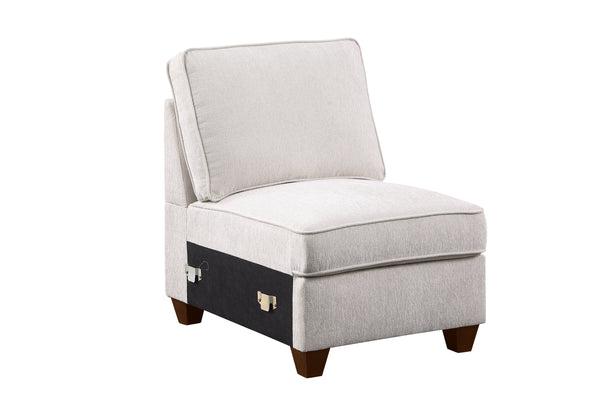 English Elm Rene Beige Chenille Sectional Sofa with Ottoman, USB Cupholder Console, Removable Cushions, Versatile Rearrangeable Arms B102S00030