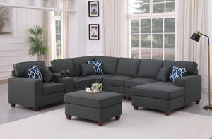English Elm Tina Linen Upholstered 8-Piece Sectional with Ottoman, USB Cupholder Console, Removable Cushions Dark Gray B102S00022