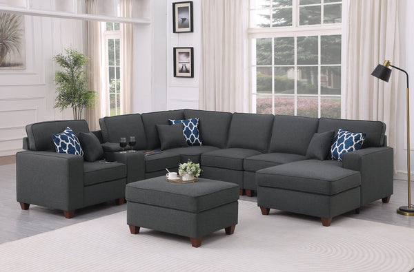 English Elm Tina Linen Upholstered 8-Piece Sectional with Ottoman, USB Cupholder Console, Removable Cushions Dark Gray B102S00022