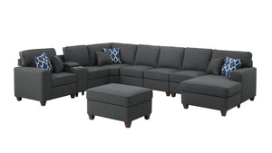 English Elm Eric Upholstered 9-Piece Sectional with Ottoman, Linen Fabric, USB Cupholder Console & Removable Cushions Dark Gray B102S00024