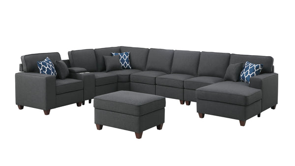 English Elm Eric Upholstered 9-Piece Sectional with Ottoman, Linen Fabric, USB Cupholder Console & Removable Cushions Dark Gray B102S00024