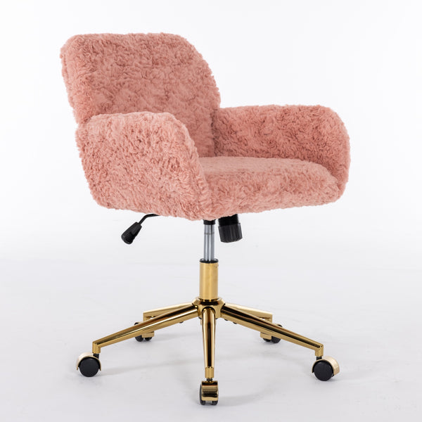 English Elm A&A Plush Rabbit Hair Office Chair with Golden Metal Base, Oversized Seat, Reclining Swivel Comfort Pink W1143125532