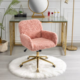 English Elm Office Chair,Artificial Rabbit Hair Home Office Chair With Golden Metal Base,Adjustable Desk Chair Swivel Office Chair,Vanity Chair(Pink)