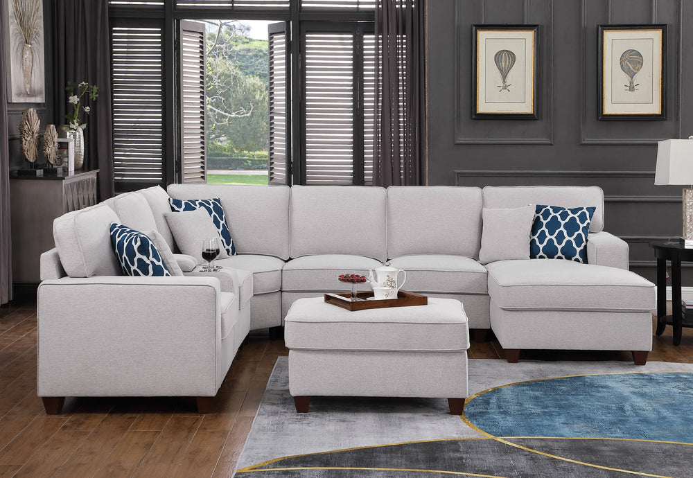 English Elm Eric Light Gray 9-Piece Upholstered Sectional with Ottoman, Linen, USB Cupholder Console, Removable Cushions B102P410607
