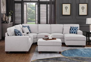 English Elm Eric Light Gray 9-Piece Upholstered Sectional with Ottoman, Linen, USB Cupholder Console, Removable Cushions B102P410607