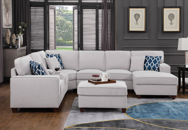 English Elm Eric Light Gray 9-Piece Upholstered Sectional with Ottoman, Linen, USB Cupholder Console, Removable Cushions B102P410607