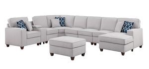 English Elm Eric Upholstered 9-Piece Sectional with Ottoman, Linen Fabric, USB Cupholder Console & Removable Cushions Light Gray B102S00025