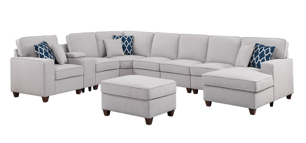English Elm Eric Upholstered 9-Piece Sectional with Ottoman, Linen Fabric, USB Cupholder Console & Removable Cushions Light Gray B102S00025