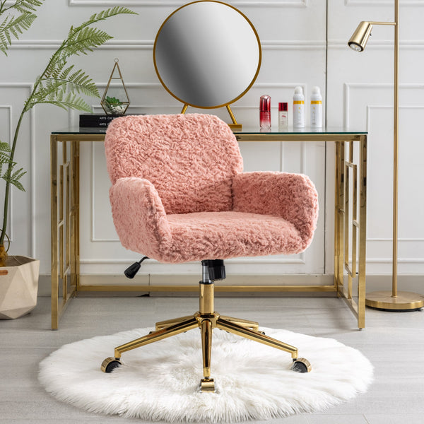 English Elm A&A Plush Rabbit Hair Office Chair with Golden Metal Base, Oversized Seat, Reclining Swivel Comfort Pink W1143125532