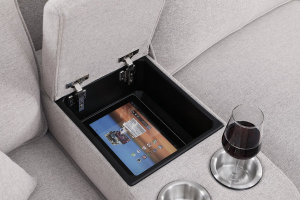 English Elm Sam Light Gray Sectional Sofa with Ottoman, Linen Upholstery, USB Cupholder Console, Removable Cushions B102S00032