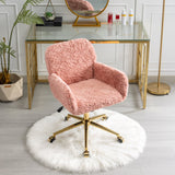 English Elm Office Chair,Artificial Rabbit Hair Home Office Chair With Golden Metal Base,Adjustable Desk Chair Swivel Office Chair,Vanity Chair(Pink)