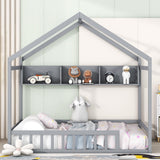 Wooden Full Size House Bed With Storage Shelf,Kids Bed With Fence and Roof, Gray