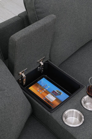 English Elm Tina Linen Upholstered 8-Piece Sectional with Ottoman, USB Cupholder Console, Removable Cushions Dark Gray B102S00022