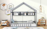 English Elm Wooden Twin Size House Bed With Storage Shelf,Kids Bed With Fence and Roof, Gray