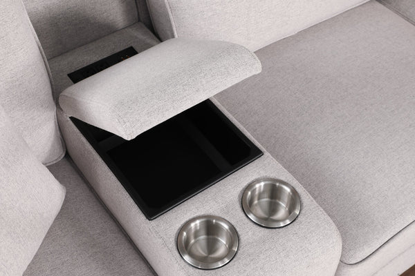 English Elm Eric Upholstered 9-Piece Sectional with Ottoman, Linen Fabric, USB Cupholder Console & Removable Cushions Light Gray B102S00025