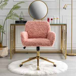 English Elm A&A Plush Rabbit Hair Office Chair with Golden Metal Base, Oversized Seat, Reclining Swivel Comfort Pink W1143125532