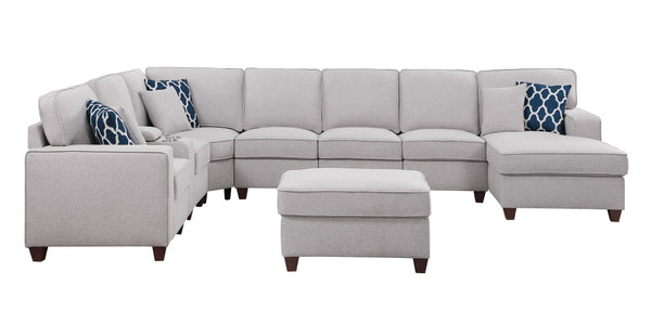 English Elm Eric Upholstered 9-Piece Sectional with Ottoman, Linen Fabric, USB Cupholder Console & Removable Cushions Light Gray B102S00025