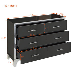 English Elm Elegant High Gloss Dresser with Metal Handles and Mirrored Panels, 6-Drawer Space-Saving Storage Solution Black 55.71 L x 19.29 W x 10.63 H N733P205355B