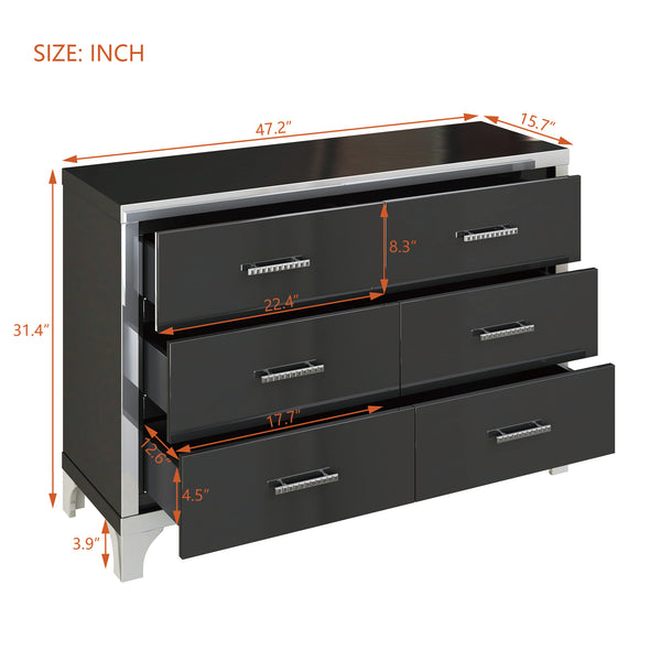 English Elm Elegant High Gloss Dresser with Metal Handles and Mirrored Panels, 6-Drawer Space-Saving Storage Solution Black 55.71 L x 19.29 W x 10.63 H N733P205355B