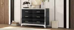 English Elm Elegant High Gloss Dresser with Metal Handles and Mirrored Panels, 6-Drawer Space-Saving Storage Solution Black 55.71 L x 19.29 W x 10.63 H N733P205355B