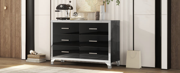 English Elm Elegant High Gloss Dresser with Metal Handles and Mirrored Panels, 6-Drawer Space-Saving Storage Solution Black 55.71 L x 19.29 W x 10.63 H N733P205355B
