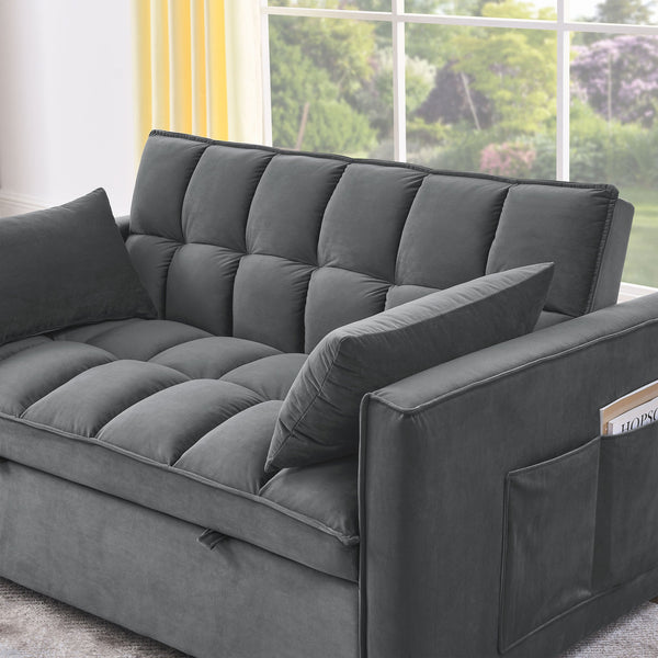 English Elm Sleeper Velvet Convertible Sofa Bed Recliner 3-in-1 2-Seater Sectional with Pockets & Pillows Grey W1853126217