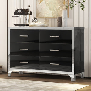 English Elm Elegant High Gloss Dresser with Metal Handles and Mirrored Panels, 6-Drawer Space-Saving Storage Solution Black 55.71 L x 19.29 W x 10.63 H N733P205355B