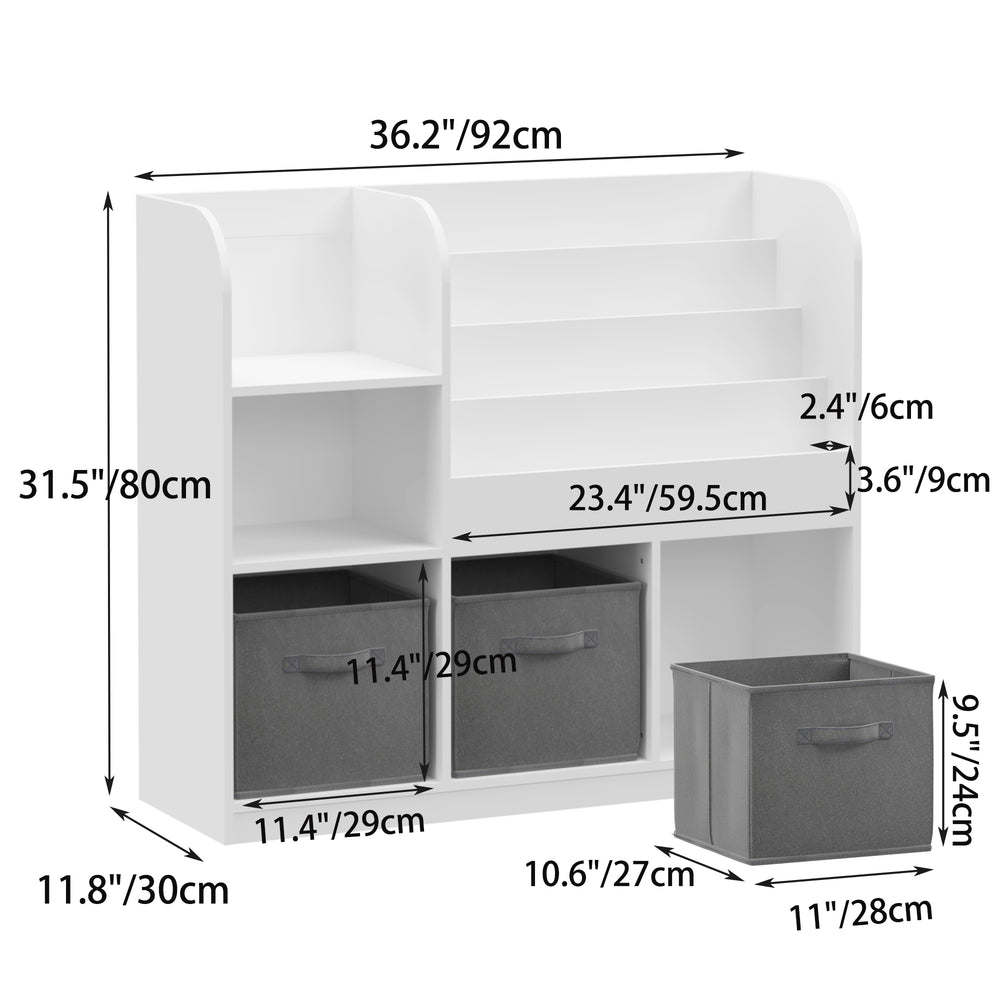 English Elm Kids Bookcase Adjustable Display Shelf with 3 Collapsible Fabric Drawers, Sturdy MDF Toy Organizer, White/Gray W808127602