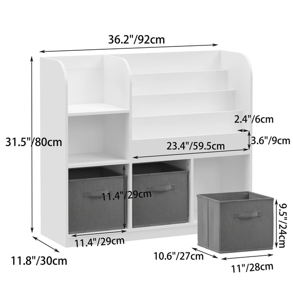 English Elm Kids Bookcase Adjustable Display Shelf with 3 Collapsible Fabric Drawers, Sturdy MDF Toy Organizer, White/Gray W808127602