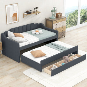 English Elm Twin Linen Upholstered Daybed with Pull Out Trundle and Three Storage Drawers GX001513AAE