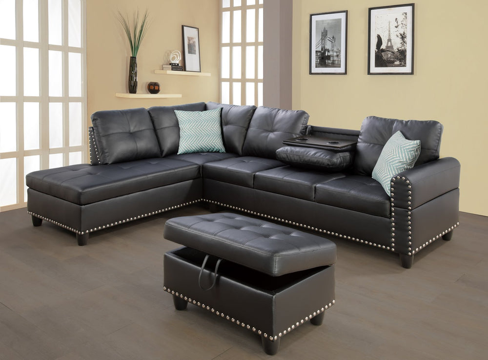 English Elm DV4041-S-RP Faux Leather Sofa Set with Ottoman & Toss Pillows, Storage Ottoman, Nailhead Trim, Cupholders B102P371597