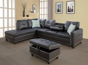 English Elm DV4041-S-RP Faux Leather Sofa Set with Ottoman & Toss Pillows, Storage Ottoman, Nailhead Trim, Cupholders B102P371597