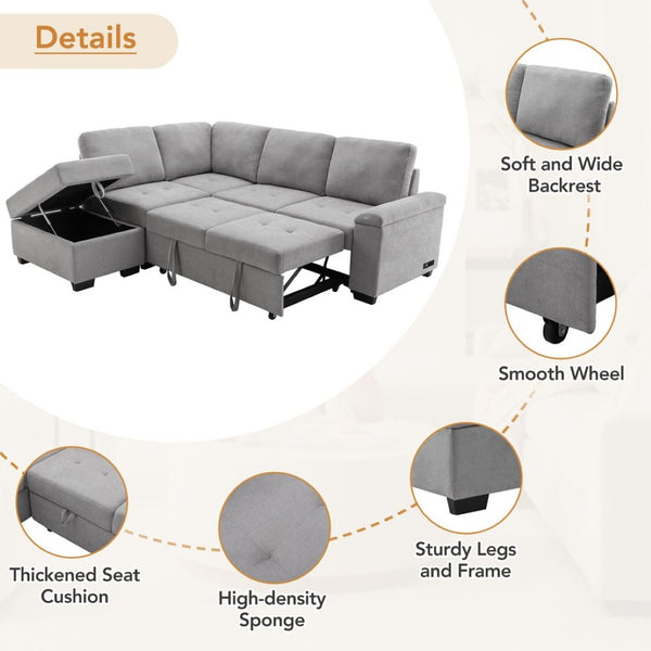 English Elm Sleeper Sectional Velvet Sofa with Usb Ports Ottoman Storage for Apartment Living SG000250AAE