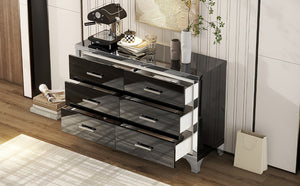 English Elm Elegant High Gloss Dresser with Metal Handles and Mirrored Panels, 6-Drawer Space-Saving Storage Solution Black 55.71 L x 19.29 W x 10.63 H N733P205355B