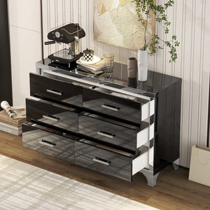 English Elm Elegant High Gloss Dresser with Metal Handles and Mirrored Panels, 6-Drawer Space-Saving Storage Solution Black 55.71 L x 19.29 W x 10.63 H N733P205355B
