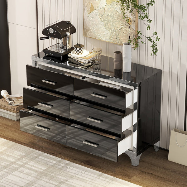 English Elm Elegant High Gloss Dresser with Metal Handles and Mirrored Panels, 6-Drawer Space-Saving Storage Solution Black 55.71 L x 19.29 W x 10.63 H N733P205355B