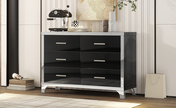 English Elm Elegant High Gloss Dresser with Metal Handles and Mirrored Panels, 6-Drawer Space-Saving Storage Solution Black 55.71 L x 19.29 W x 10.63 H N733P205355B